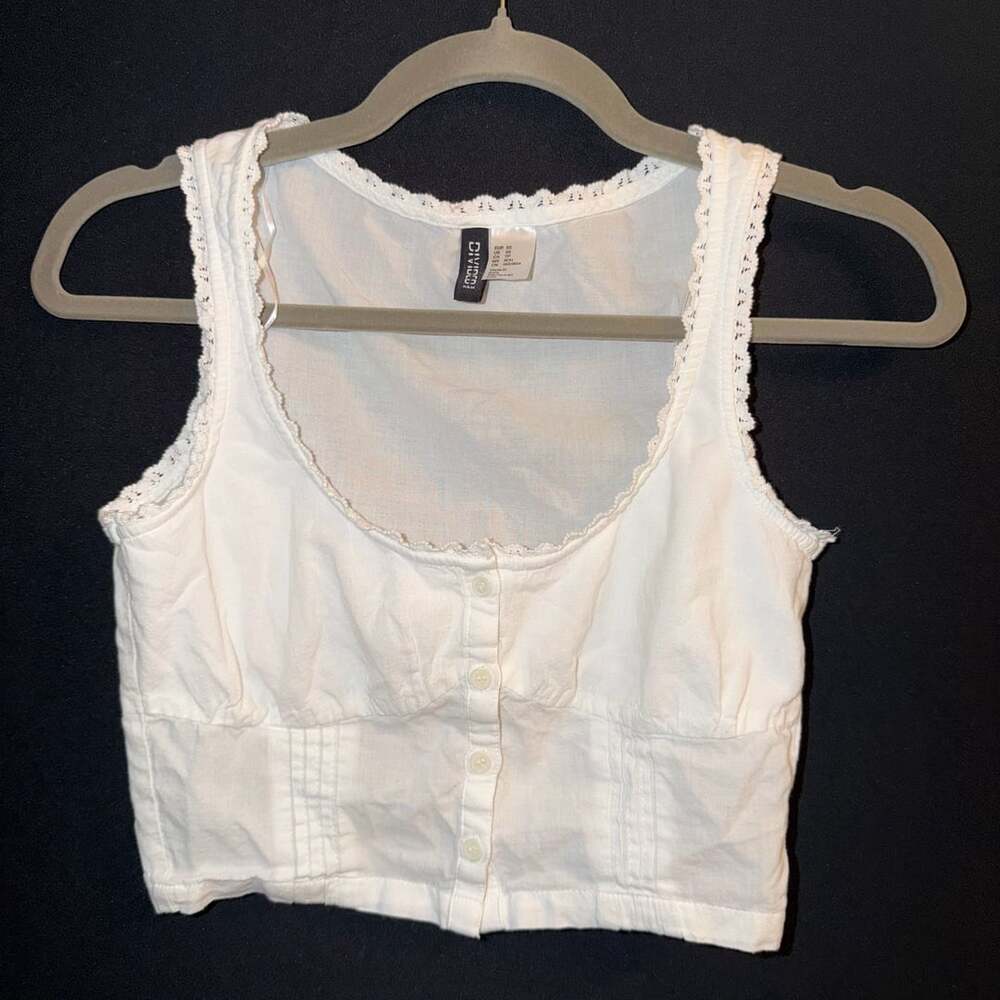 H&M Divided White Button-Front Crop Top with Picot Trim